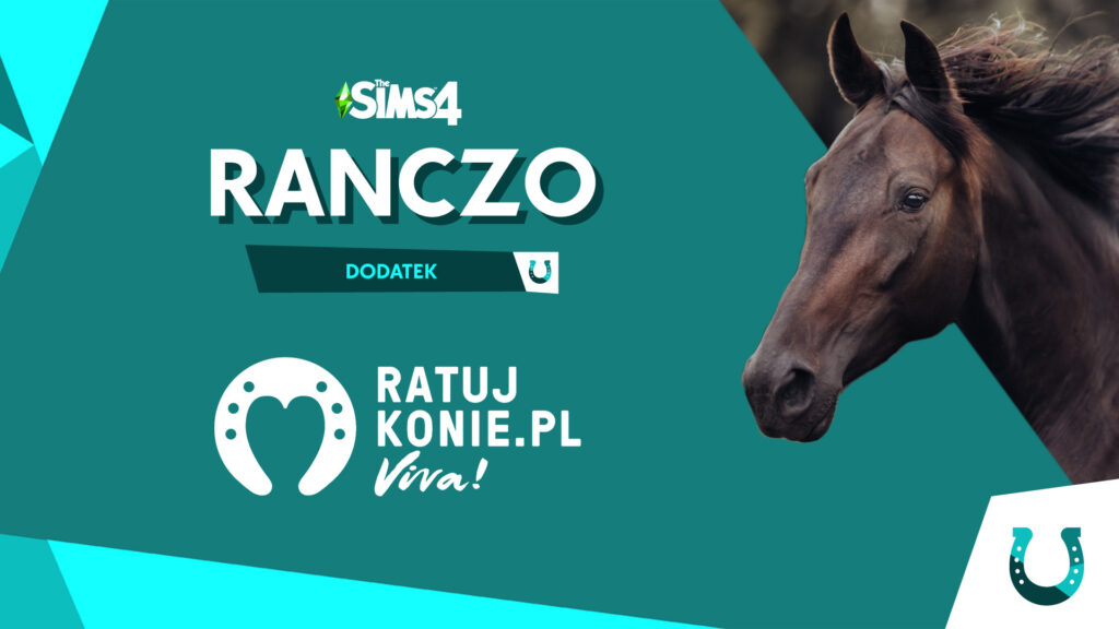 Grafika przedstawia logo dodatku do gry The Sims 4 Ranczo, oraz logo kampanii Ratuj Konie, prowadzonej przez Fundację Viva!
